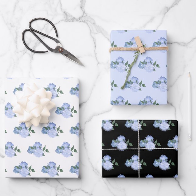 Dusty Blue Flowers and Greenery Pattern Wrapping Paper Sheets (Front)