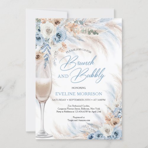 Dusty blue flowers and pampas brunch and bubbly invitation
