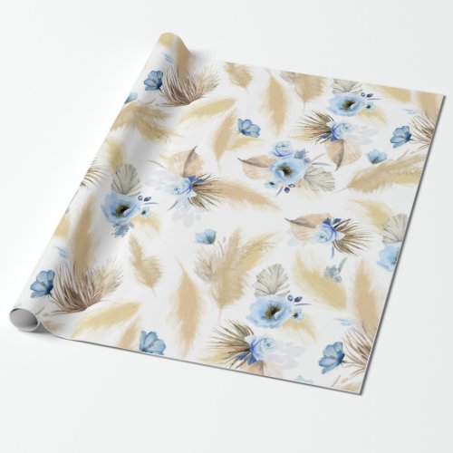 Dusty Blue Flowers and Pampas Grass Elegant Wrapping Paper