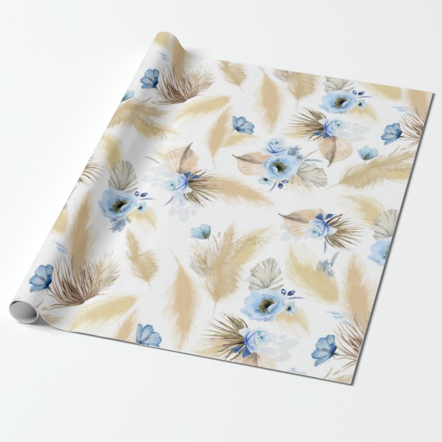 Dusty Blue Flowers and Pampas Grass Elegant Wrapping Paper (Unrolled)