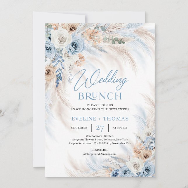 Dusty blue flowers and pampas grass wedding brunch invitation (Front)