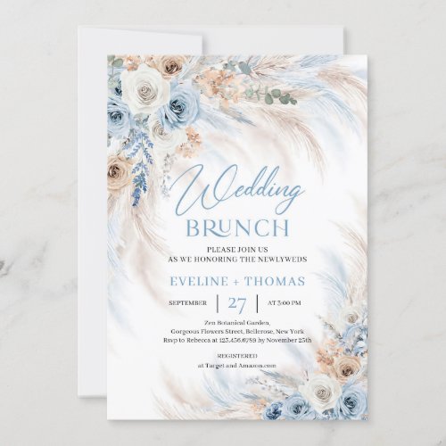 Dusty blue flowers and pampas grass wedding brunch invitation