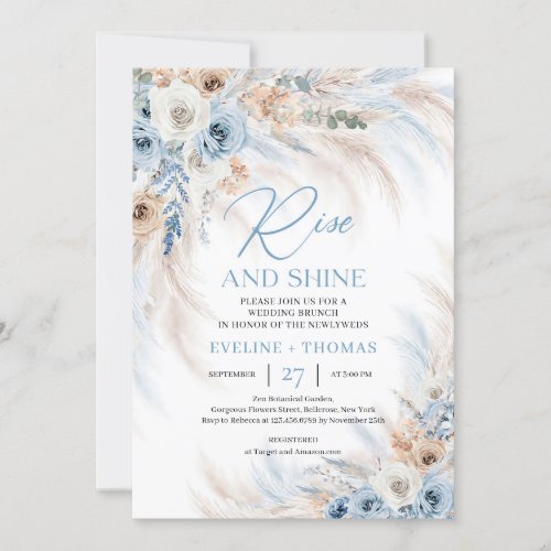 Dusty blue flowers and pampas grass wedding brunch invitation