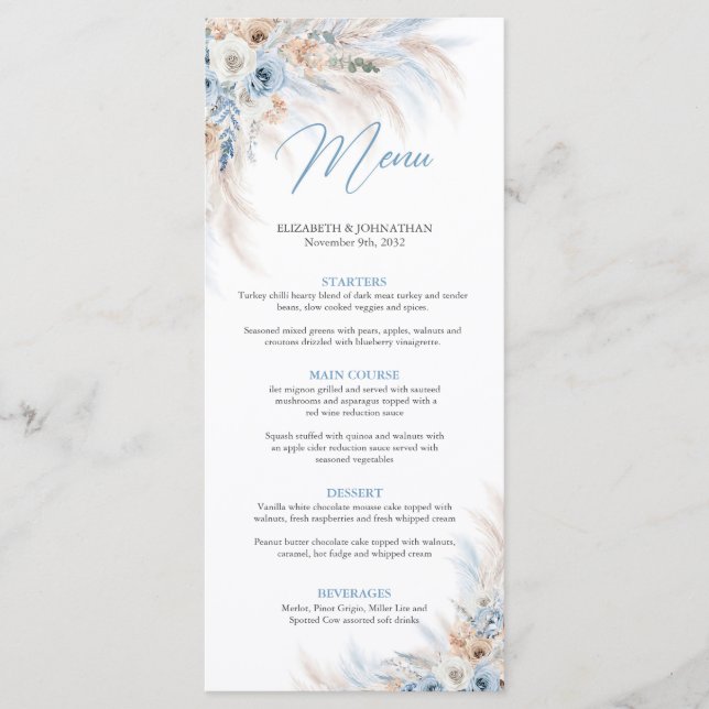Dusty blue flowers and pampas grass wedding dinner menu (Front)
