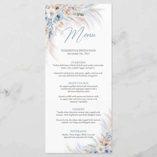 Dusty blue flowers and pampas grass wedding dinner menu