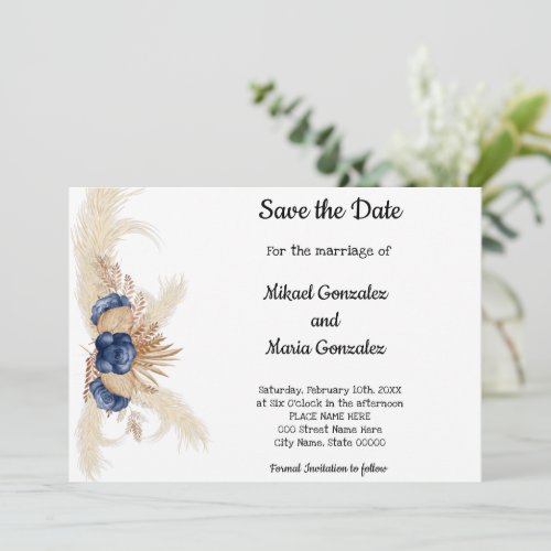 Dusty Blue Flowers and Pampas  Save the Date Invitation