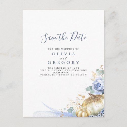 Dusty Blue Flowers and Pumpkins Save The Date Announcement Postcard