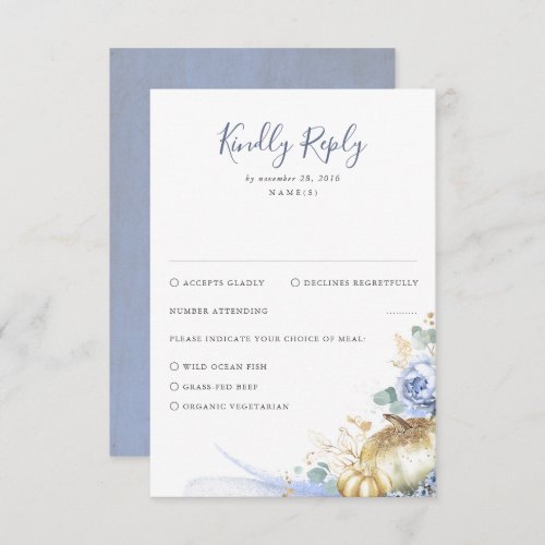 Dusty Blue Flowers and Pumpkins Wedding RSVP Card