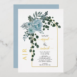 Dusty blue flowers and real gold foil arch wedding invitation
