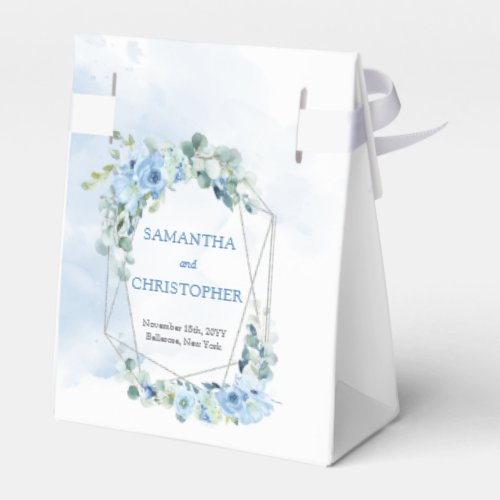 Dusty blue flowers and silver geometric frame favor boxes