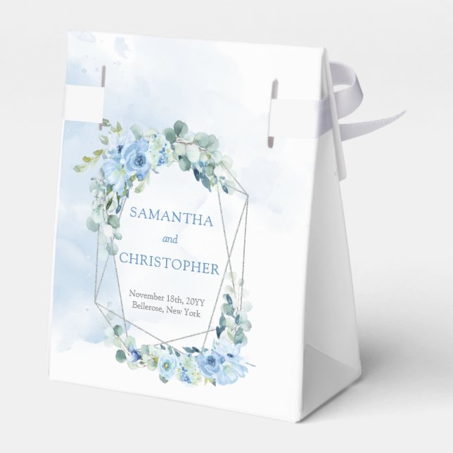 Dusty blue flowers and silver geometric frame favor boxes (Back Side)