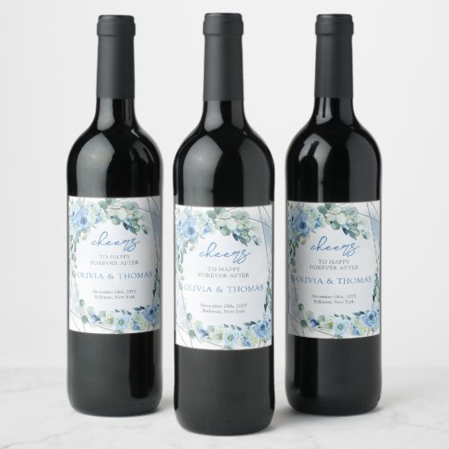 Dusty blue flowers and silver geometric frame wine label
