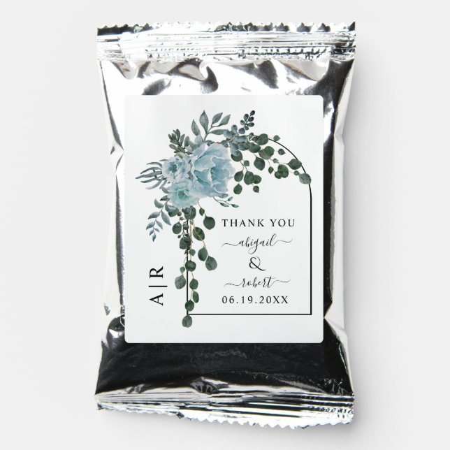 Dusty blue flowers, arch and monogram wedding coffee drink mix (Front)