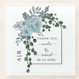 Dusty blue flowers, arch and monogram wedding glass coaster