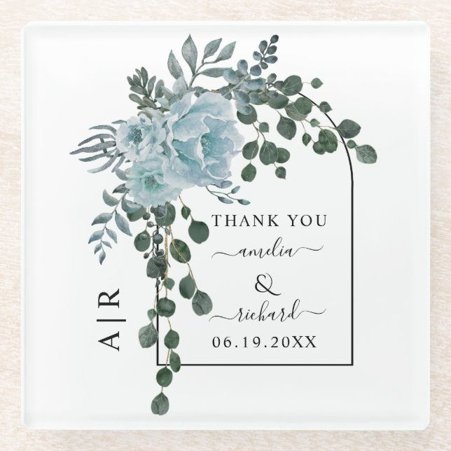 Dusty blue flowers, arch and monogram wedding glass coaster (Front)