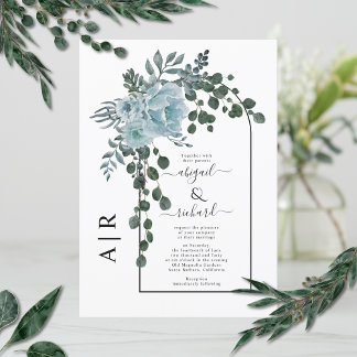Dusty blue flowers arch and monogram wedding invitation