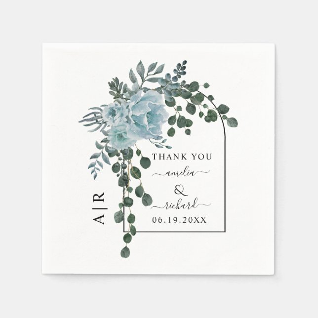 Dusty blue flowers, arch and monogram wedding napkins (Front)