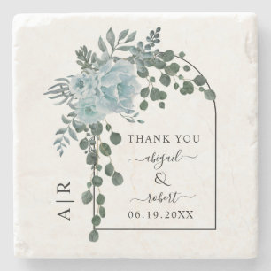 Dusty blue flowers, arch and monogram wedding stone coaster