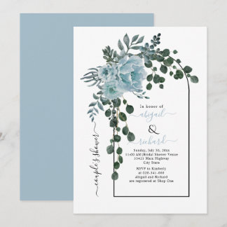 Dusty blue flowers arch wedding couples shower invitation