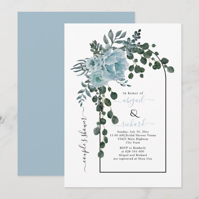 Dusty blue flowers arch wedding couples shower invitation (Front/Back)