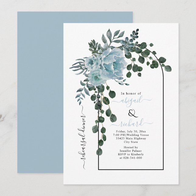Dusty blue flowers arch wedding rehearsal dinner invitation (Front/Back)