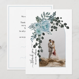 Dusty blue flowers, arch with photo wedding thank you card