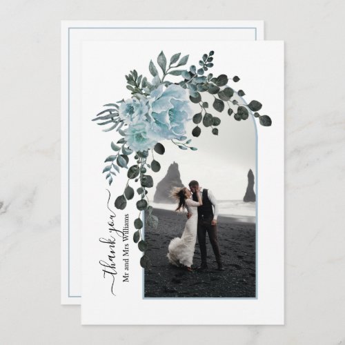 Dusty blue flowers arch with photo wedding thank you card