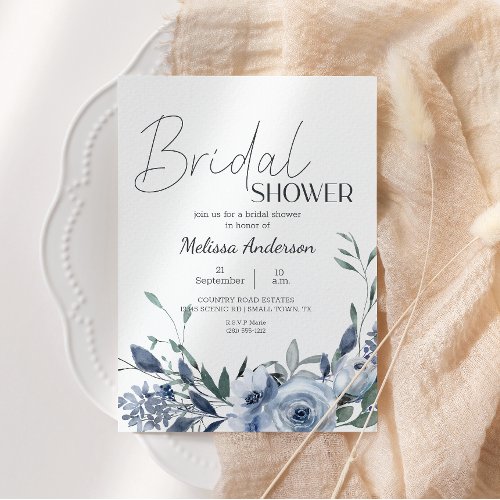 Dusty Blue Flowers Boho Bridal Shower Invitation