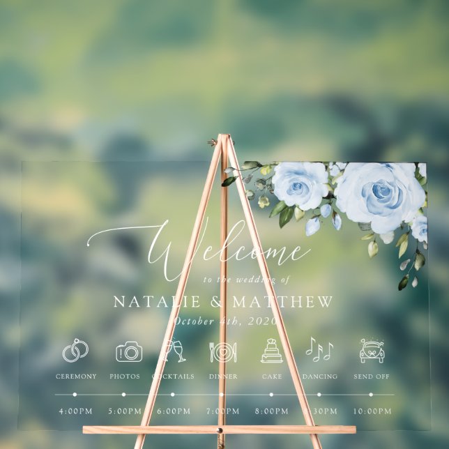 Dusty Blue Flowers, Boho, Wedding Welcome Acrylic Sign (Neutral)