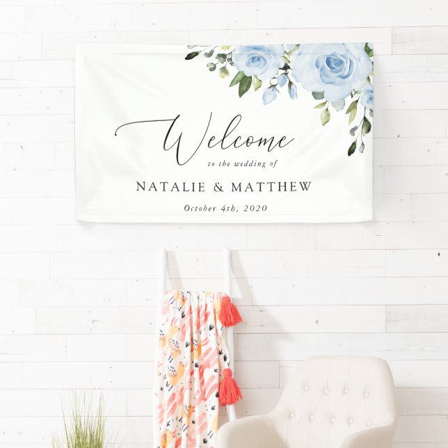 Dusty Blue Flowers, Boho, Wedding Welcome Banner (Insitu)