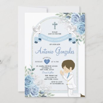 Dusty Blue Flowers Boy First Holy Communion Invitation by HappyPartyStudio at Zazzle