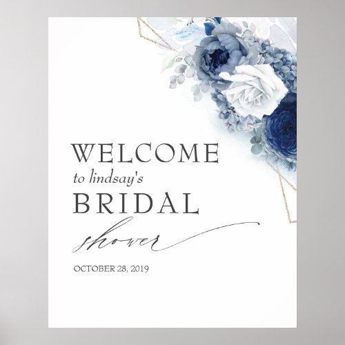 Dusty Blue Flowers Bridal  Baby Shower Welcome Po Poster