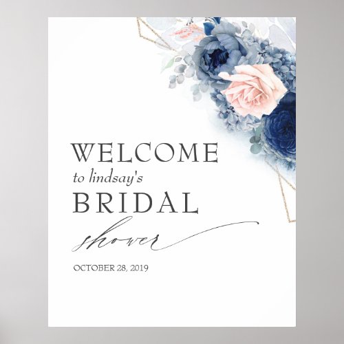 Dusty Blue Flowers Bridal  Baby Shower Welcome Poster