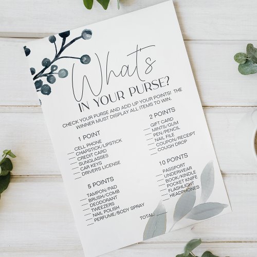 Dusty Blue Flowers Bridal Game Whats In Your Purse Flyer