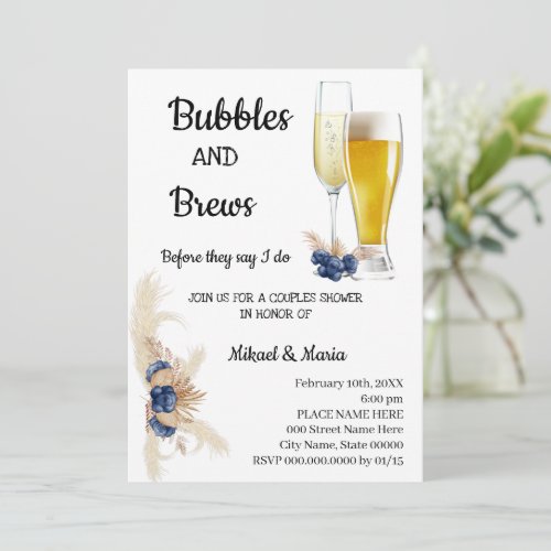 Dusty Blue Flowers Bubble  Brews Couples Shower Invitation