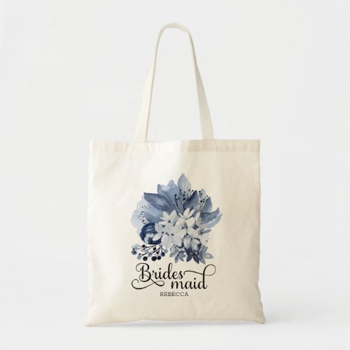 Dusty Blue Flowers Calligraphy Bridesmaid Custom Tote Bag