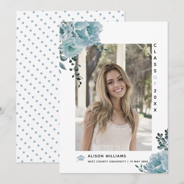 Dusty blue flowers Class of 2025 graduation photo Announcement (Front/Back)