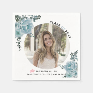 Dusty blue flowers Class of 2026 graduation photo Napkins