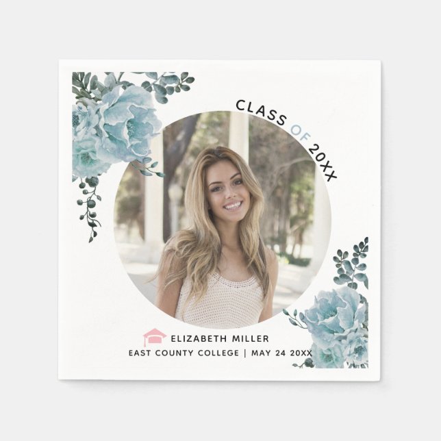 Dusty blue flowers Class of 2026 graduation photo Napkins (Front)