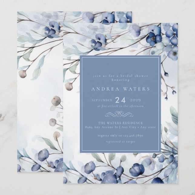Dusty Blue Flowers | Elegant Garden Bridal Shower Invitation (Front/Back)
