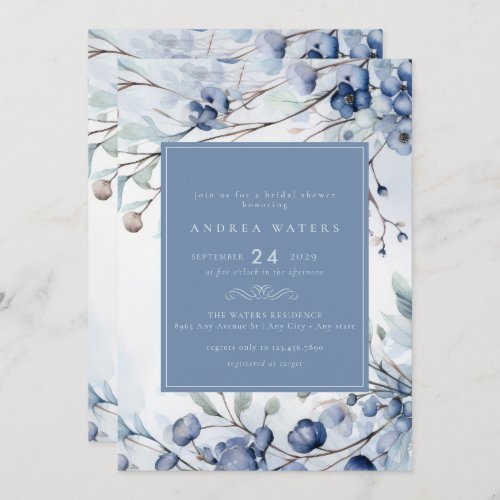 Dusty Blue Flowers  Elegant Garden Bridal Shower Invitation