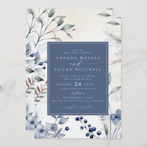 Dusty Blue Flowers  Elegant Garden Wedding Invitation