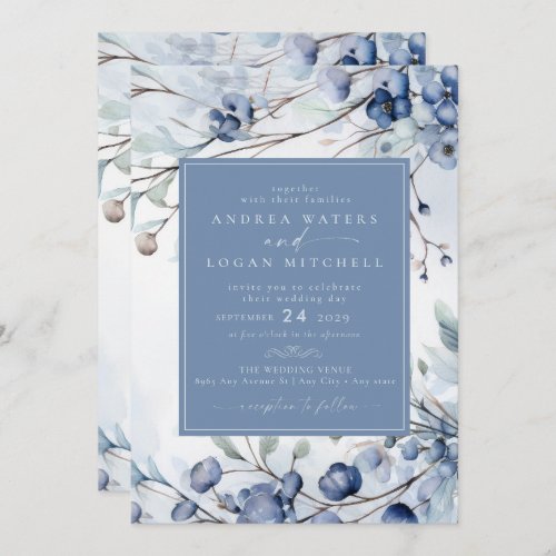 Dusty Blue Flowers  Elegant Garden Wedding Invitation