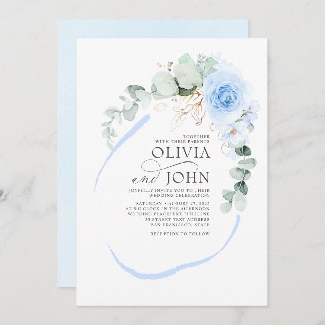 Dusty Blue Flowers Elegant Modern Romantic Wedding Invitation (Front/Back)