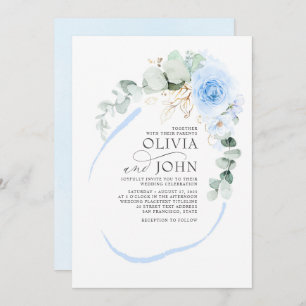 Dusty Blue Flowers Elegant Modern Romantic Wedding Invitation