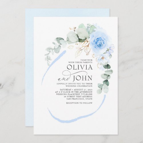 Dusty Blue Flowers Elegant Modern Romantic Wedding Invitation