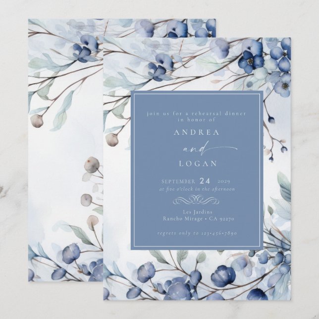 Dusty Blue Flowers | Elegant Rehearsal Dinner Invitation (Front/Back)