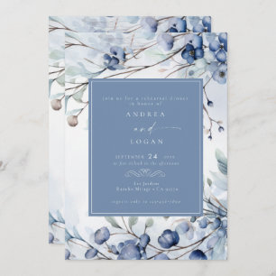 Dusty Blue Flowers Elegant Rehearsal Dinner Invitation