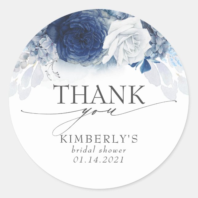 Dusty Blue Flowers Elegant Thank You Classic Round Sticker (Front)