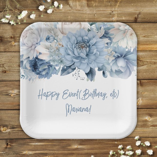 Dusty Blue Flowers Floral Party Paper Plates (Creator Uploaded)